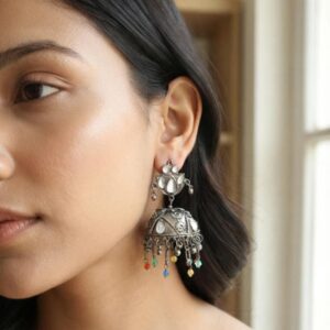 Silver oxidised stone work jhumka